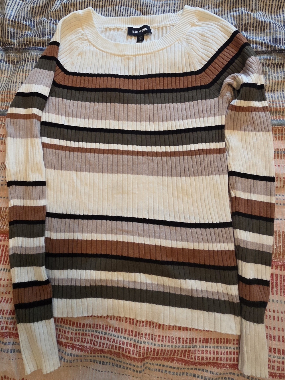 Express Women's Striped Rib-Knit Sweater - Cream, Brown & Olive